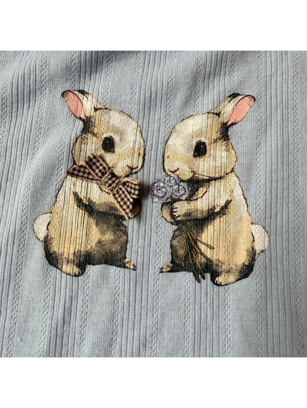 Cute Bunny Print Pajama Set | Light Blue Shorts and Teeshirt